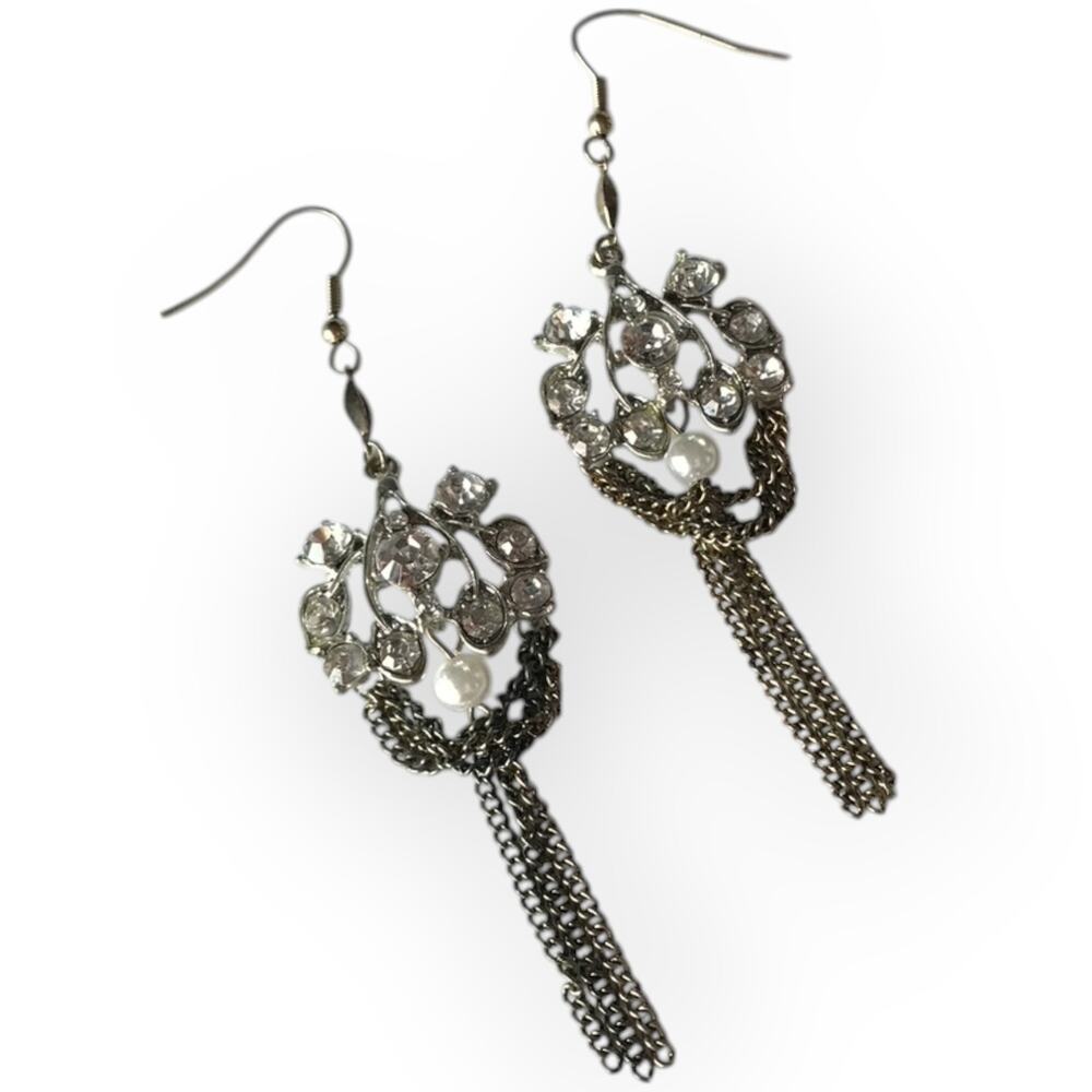 Ornate rhinestone, faux pearl, and chain tassel earrings